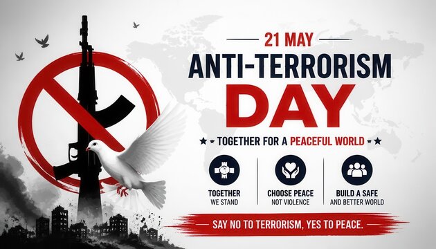 Anti-Terrorism Day Poster: A powerful graphic for Anti-Terrorism Day, emphasizing peace over violence with iconic imagery of a dove and a crossed-out rifle, promoting a safe world.