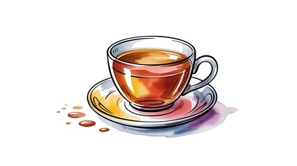 Naklejka premium Warm cup of black tea on a clear saucer with a few spilled drops