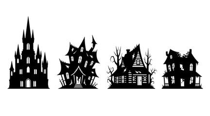 Fototapeta premium Vector Silhouette Collection of Spooky Halloween Houses and Haunted Castles on White Background