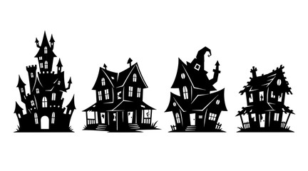 Naklejka premium Set of Spooky Halloween Haunted Houses Silhouettes Isolated on White Background, Cartoon Style