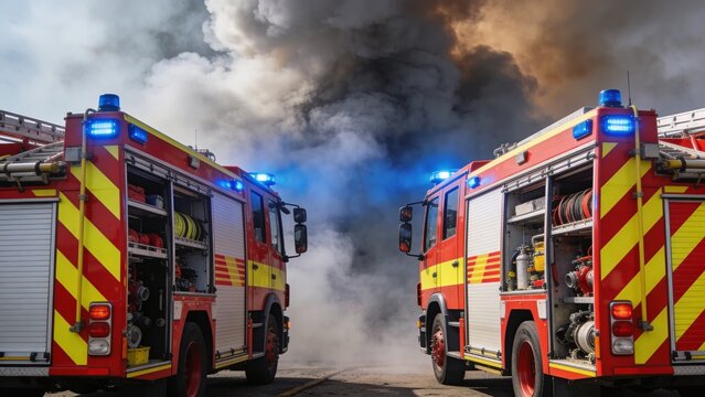 Fire trucks responding to emergency with smoke and lights on