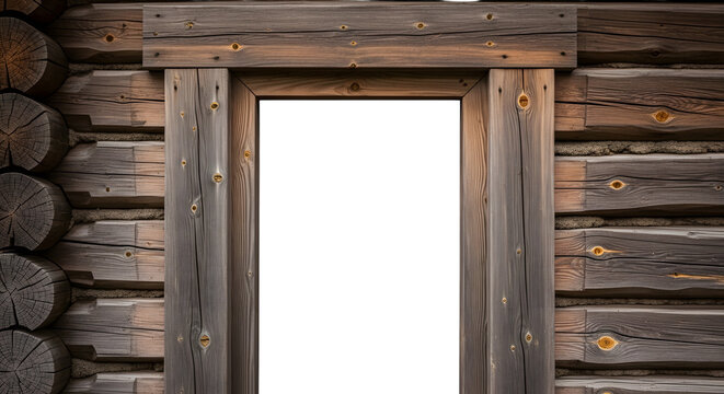 Rustic log cabin door frame weathered wood isolated on transparent background