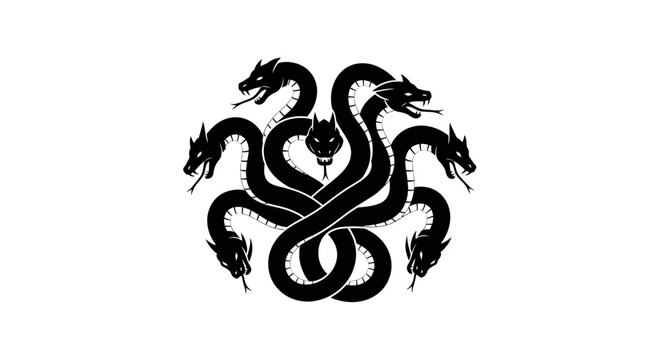 Mythical Hydra Serpent Monster Emblem, Black Silhouette on White Background