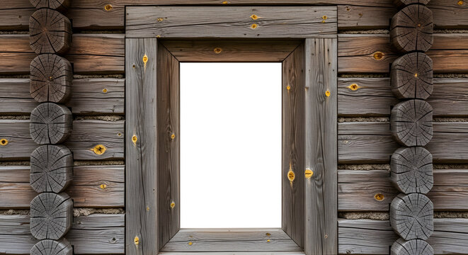 Rustic log cabin window frame weathered wood texture isolated on transparent background