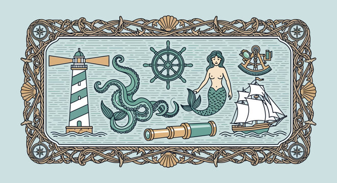 Nautical Vintage Illustration: Lighthouse, Mermaid, Kraken, Ship, Telescope, Compass Rose