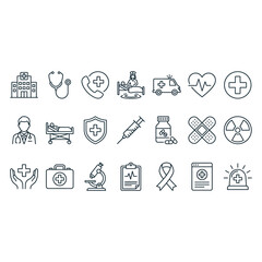 Fototapeta premium Medical icons illustrate healthcare symbols and signs on white background