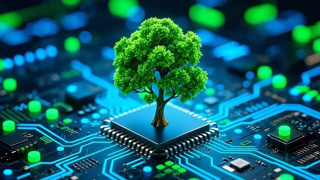 Green tree growing on blue circuit board