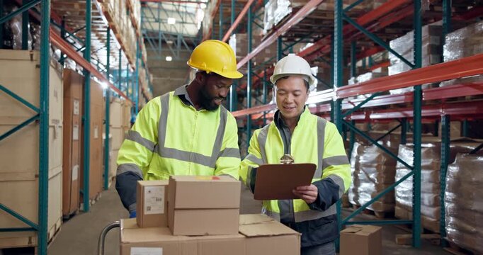 Business people, logistics and boxes with team inspection for cargo distribution in storage. Employees, distributor or supply chain with packages, helmet or clipboard in warehouse for stock control