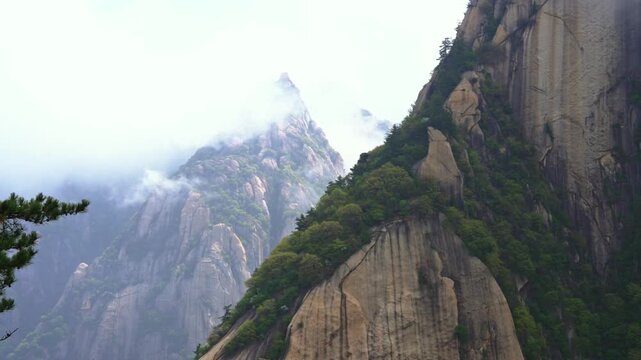 A smooth medium panning shot focusing on a sharp, jagged granite peak on Mount Hua. Thick white mountain fog heavily blankets the deep mountain valley and surrounding ridges.