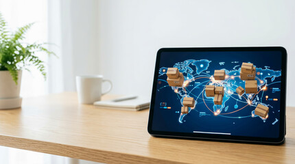 Fototapeta premium Finance technology abstract ui concept with global logistics and shipping network on digital tablet screen in modern office
