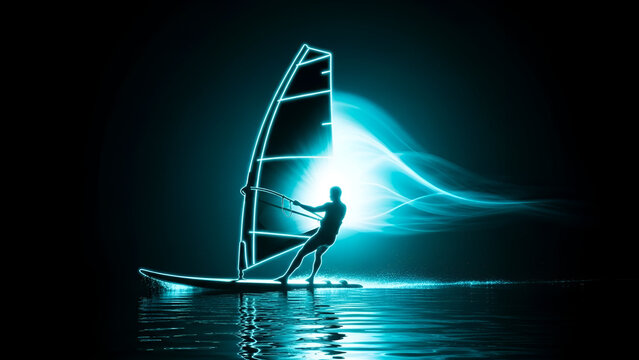 Glowing silhouette of a windsurfer balancing on a board during a night session with vibrant cyan light trails and reflections