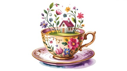 Fototapeta premium Whimsical small house nestled inside a floral teacup, surrounded by colorful blooming garden flowers
