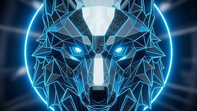 Futuristic wolf head constructed from digital polygons and glowing blue circuits featuring intense eyes centered within a bright neon ring