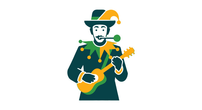 Colorful cartoon musician playing yellow ukulele cheerfully.