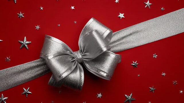 Festive red background with silver bow and stars for holiday celebrations