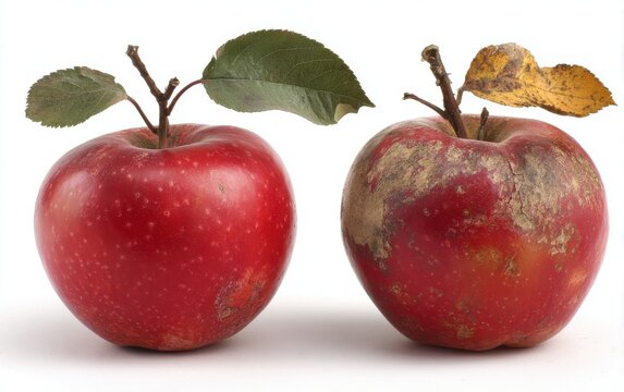Fresh red apple with green leaf beside a bruised decaying apple with a withered leaf comparison unhealthy withered nutrition vitamins agriculture freshness decomposition biological wellness