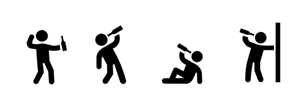 Stickman man set, drunk man behavior, alcohol addiction icons isolated on white background