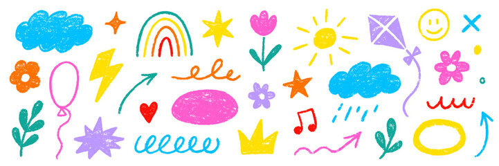 Naklejka na ściany i meble Kid line crayon cute set. Hand drawn kid line icon flower heart star pastel pencil sketch. Children rainbow cloud play smile kindergarten fun crayon background. Vector illustration
