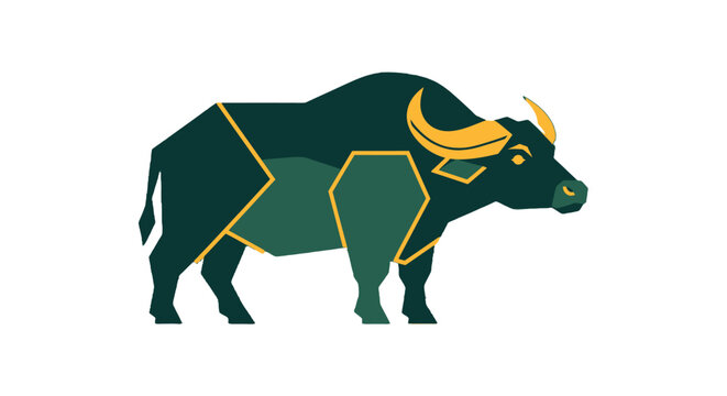 Geometric Water Buffalo Illustration with Bold Green Lines.