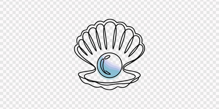 Open pearl shell continuous one line drawing. Single line art open pearl shell. Vector illustration. one line Icon drawing, transparent background, One-line art of beauty product pearl minimalist, Pro