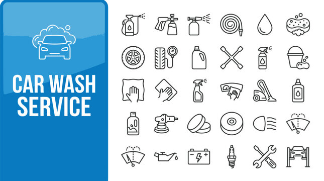 Collection of thin line icons depicting various professional car wash service equipment and maintenance tools