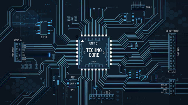 A detailed digital illustration of a complex central processing unit circuit board