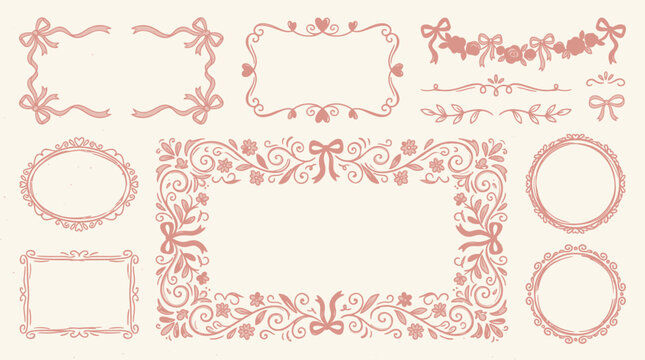 A collection of decorative hand drawn frames and borders with ribbons