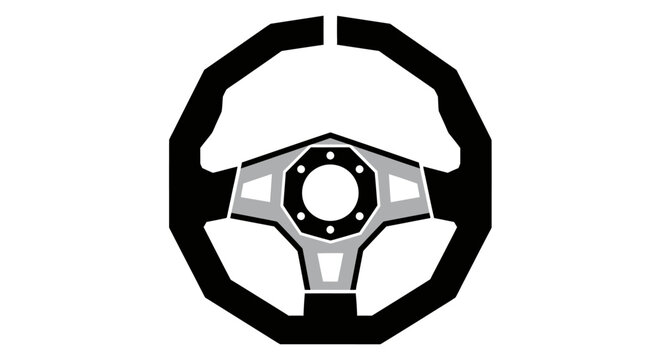 A black and grey graphic illustration of a generic vehicle steering wheel