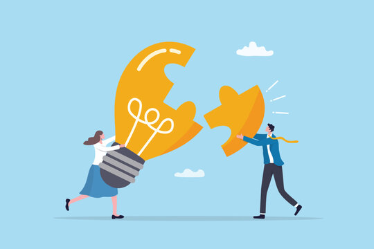 Mentor or business coach to help creativity or consult to thinking new idea, thought insight solution, idea development support, businessman putting final jigsaw to create creativity lightbulb idea.