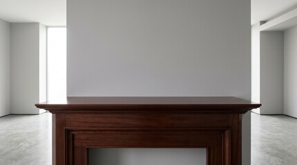 Fototapeta premium Dark wood fireplace mantel in a minimalist setting. Dark wood fireplace mantel stands against a clean gray wall in a room