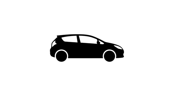 A simple black silhouette of a small hatchback car on a white background