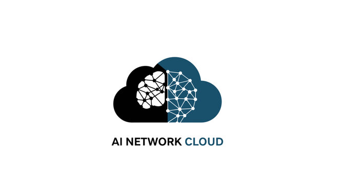 Conceptual AI network cloud logo with brain-like data visualization on white background