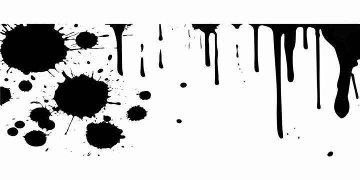 A set of black ink splats, splashes, and blots forming a dirty grunge vector illustration with paint stains, drips, and liquid spray textures for art design elements