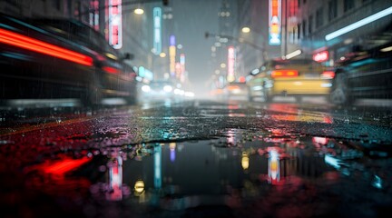 Obraz premium Vibrant reflections of city lights on wet street surface.