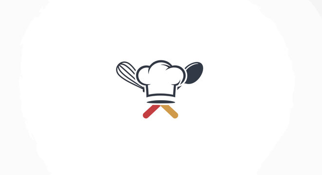 Minimalist chef's logo featuring kitchen tools and a classic toque on white