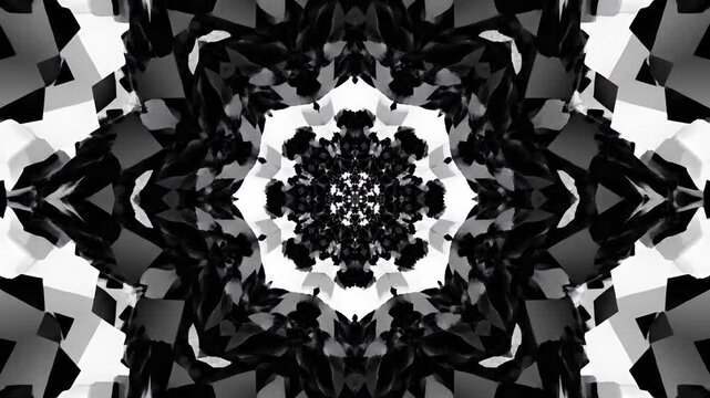 Abstract Black and White Kaleidoscope Pattern Motion Background.