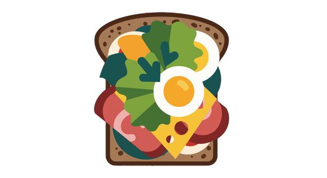Colorful flat lay breakfast sandwich with fresh ingredients.