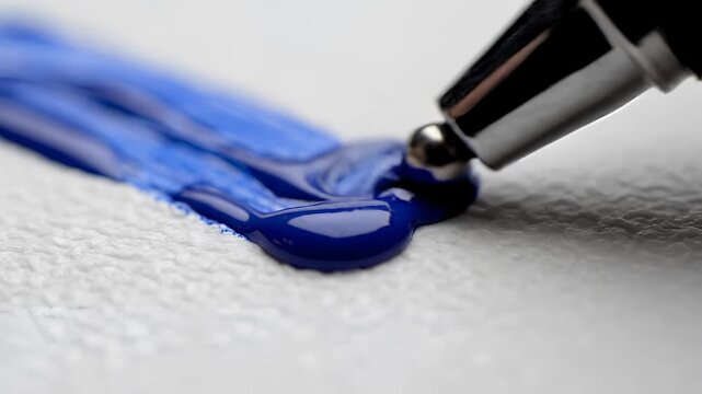 Closeup Macro Shot of Ballpoint Pen Nibs Dispensing Blue Ink on Textured Paper.