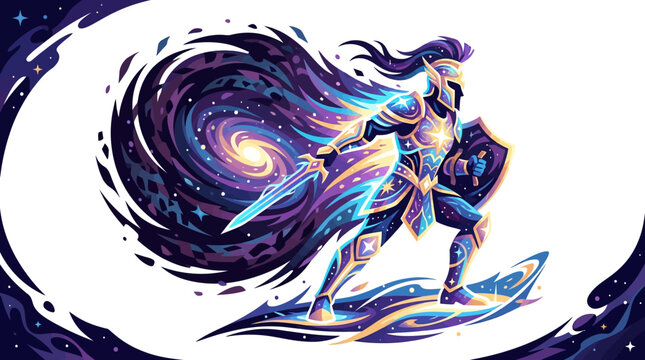Flat vector illustration of a cosmic warrior in ornate star-patterned armor with a swirling galaxy cape, wielding a glowing sword and shield while surfing on a celestial energy wave.