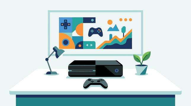 Flat vector illustration of a modern video game console setup on a white desk, featuring a black console, wireless gamepad, desk lamp, potted plant, and a screen with graphics.