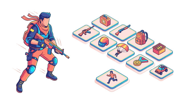 Isometric 2D vector illustration of a soldier character with an assault rifle and gaming UI icons including weapons, medkit, helmet, backpack, and parachute assets for battle royale.