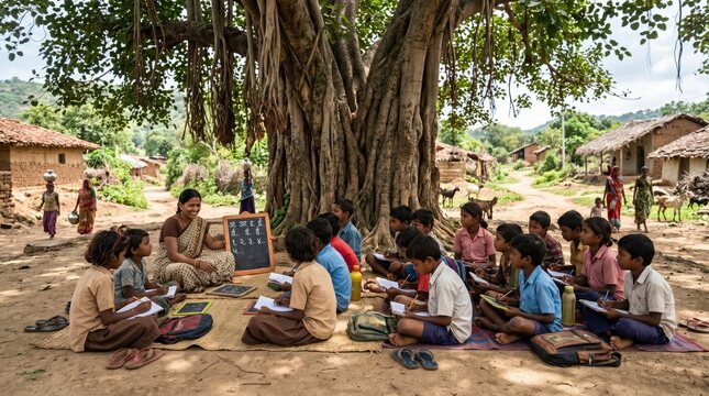 Children and teacher conducting outdoor lesson seated on ground under large banyan tree in rural village classroom setting