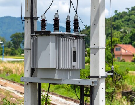 Close-up of a transformer atop concrete utility poles. A corrugated metal box with insulators on top, greenery, and a house in the backdrop