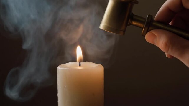 Extinguishing a Candle Flame with a Candle Snuffer in a Dark Room.