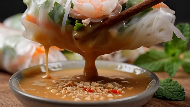 Delicious Vietnamese Fresh Spring Rolls with Shrimp and Peanut Sauce.