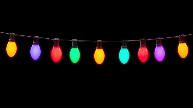 Colorful festive string lights glowing brightly against a dark background.