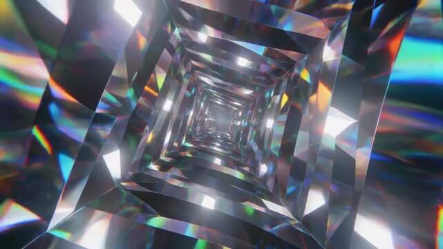 Crystal tunnel reveals colorful crystal-3 refractions in a geometric pattern.