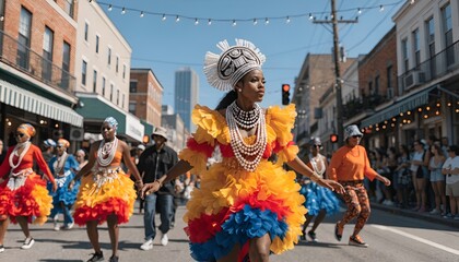 Fototapeta premium Vibrant Carnival Dancer in Colorful Costume Leads Parade on City Street