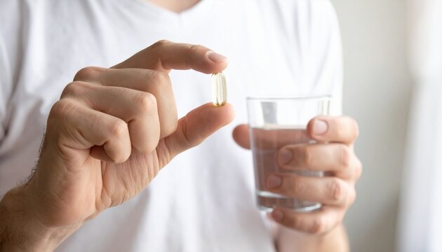 Close-up of a person's hand holding a clear supplement capsule, ready to take it with a glass of water, symbolizing daily health routine and personal wellness for a balanced lifestyle