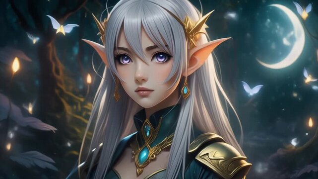 Enchanting Elf Woman in Magical Forest, with glowing butterflies and twinkling lights, under a crescent moon, representing fantasy, beauty